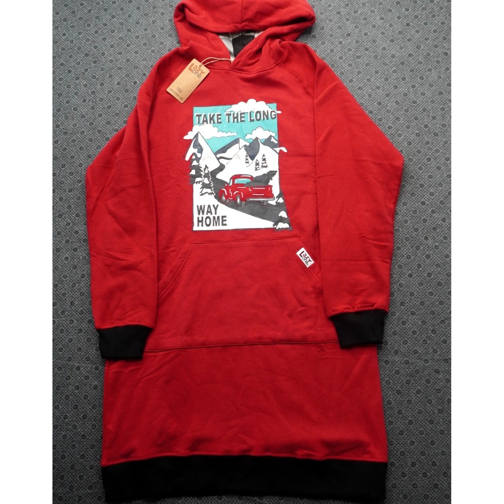 NWT Lazy One Take The Long Way Home LS Sleep Hoodie S/M Red Cotton Blend Pockets